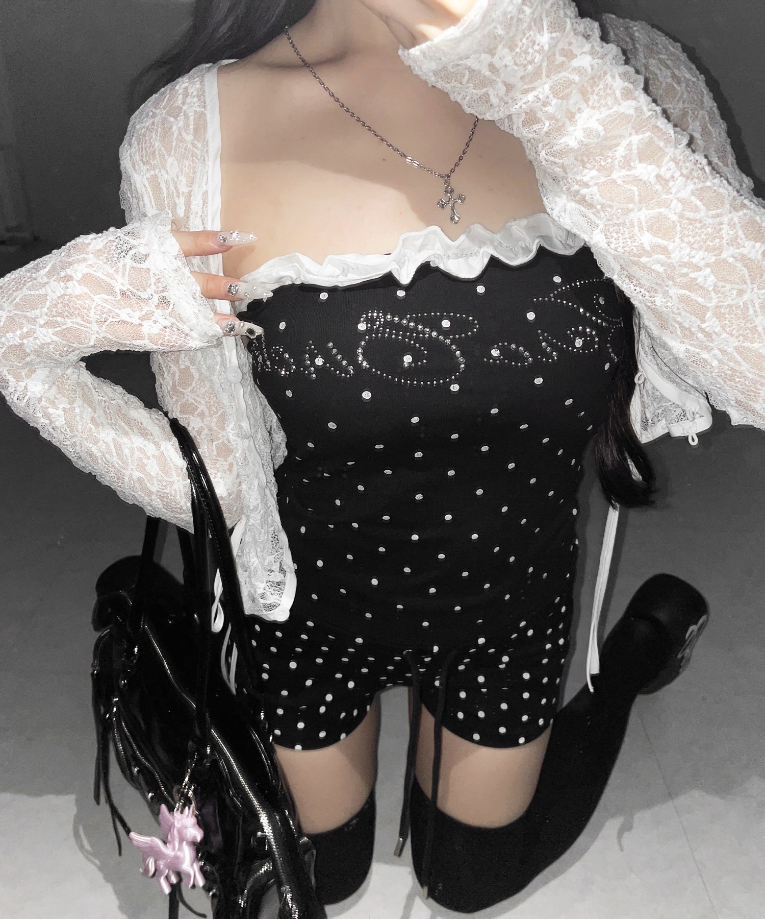 ラインストーンドットフリルベアトップス / Rhinestone dot frill bare tops