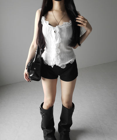 レースフリルドッキングリブニットキャミタンク / lace frill docking lib knit cami tank