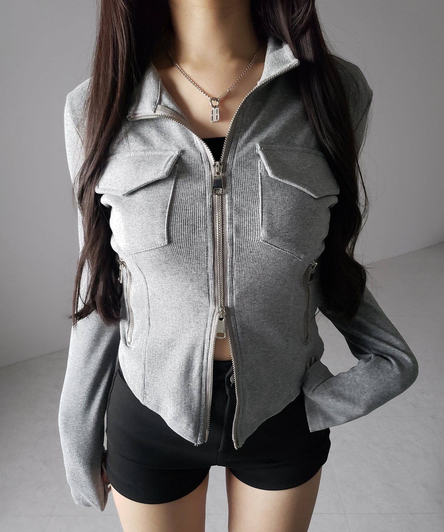 アウトポケットダブルジップスリムリブトップス / out pocket double zip slim ribbed tops