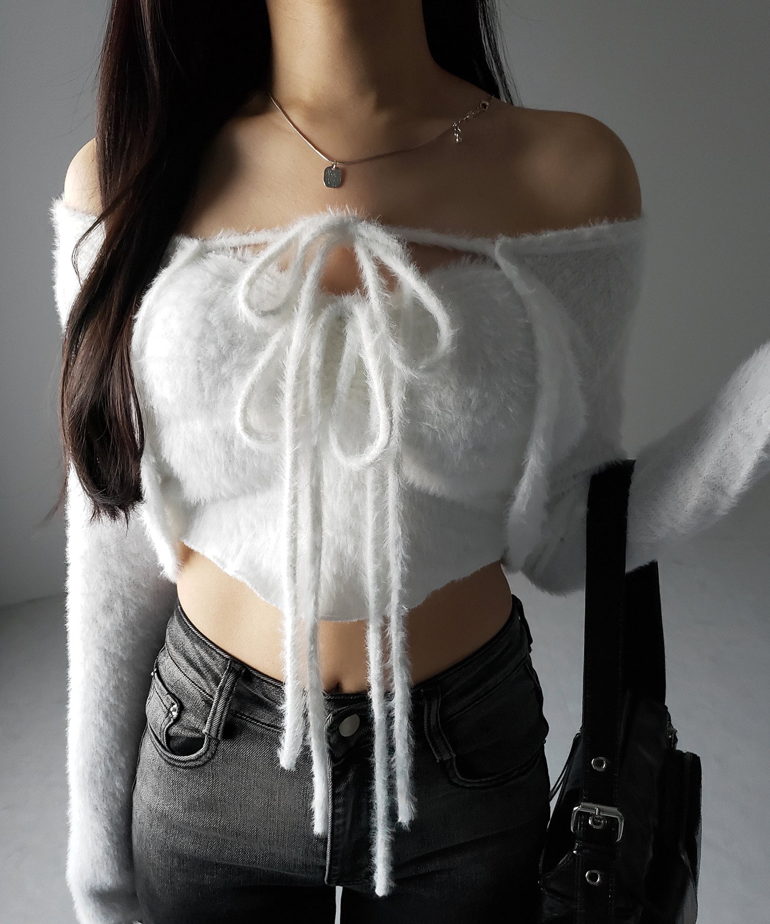 【 2点セット 】シャギーリボンベアトップス & ショートシャギーカーディガン SET / Shaggy ribbon bare tops & short shaggy cardigan
