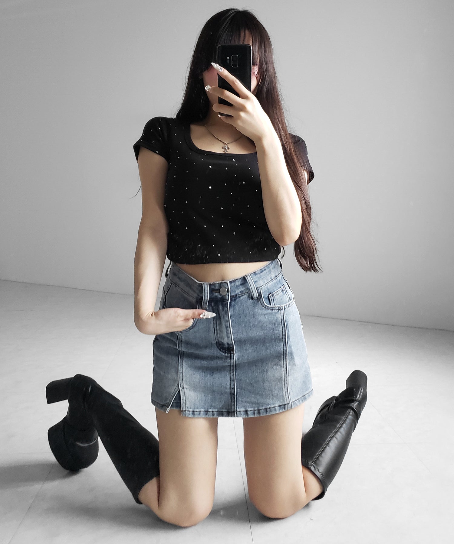 ミニスリットストレッチレイヤードデニムミニスカパン / mini slit stretch layered denim mini skirt pants