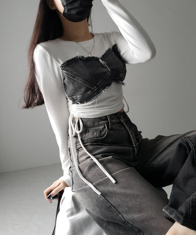 サイドリボンダメージデニムドッキングTシャツ / side ribbon damage denim docking Tee