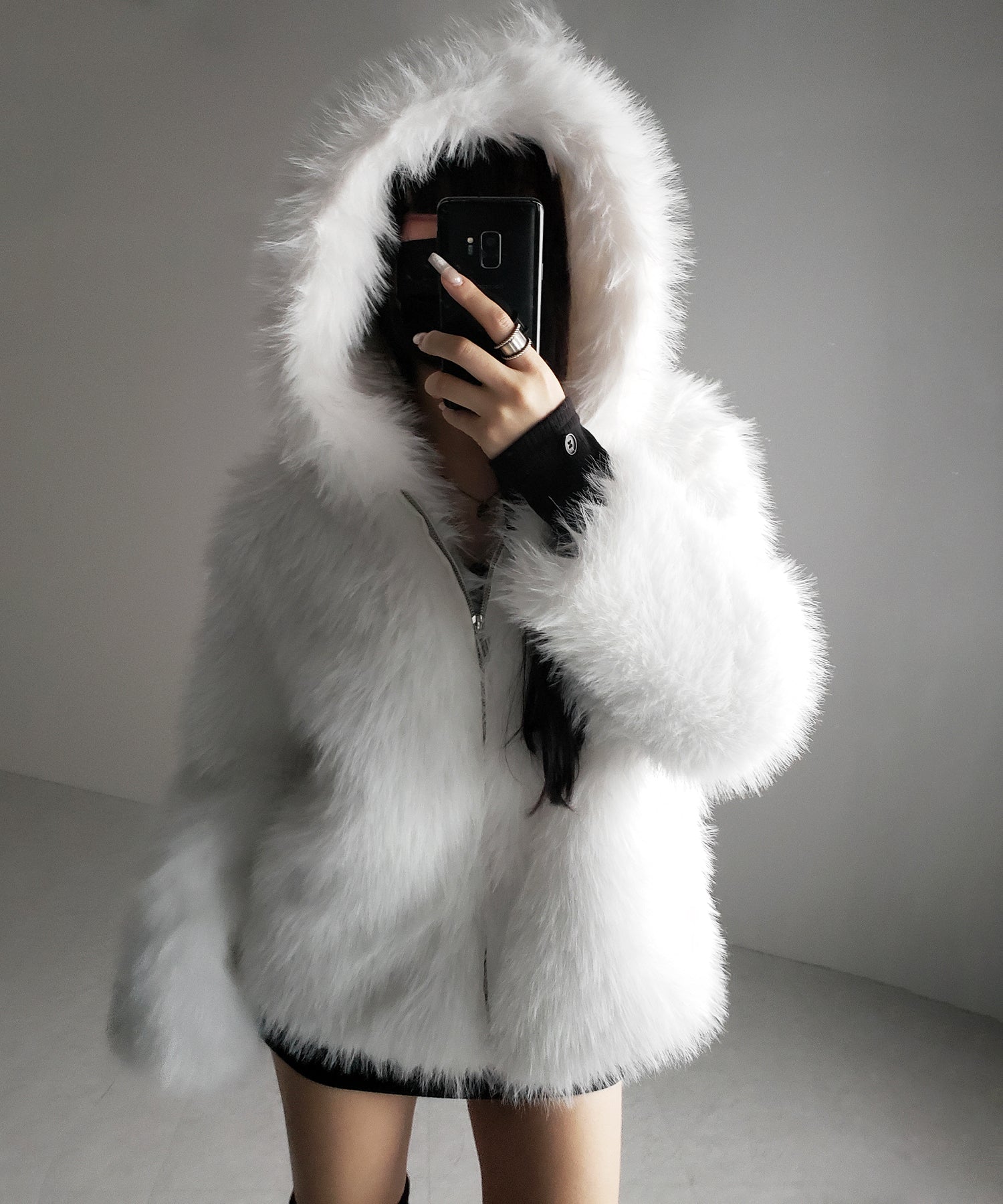 フェイクファーフーディミドルコート / fake fur hoodie middle coat