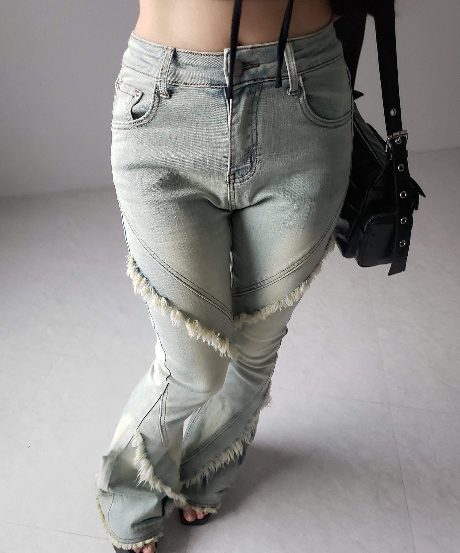 【 2color / 4size 】フリンジデザインヴィンテージライクストレッチフレアデニム / fringe design vintage-like stretch flare denim