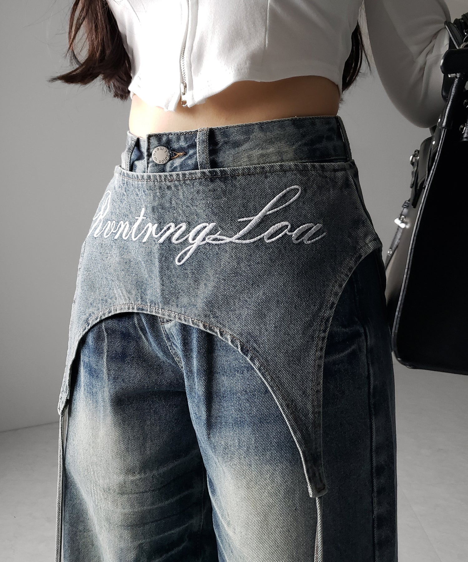 【 2WAY 】レタリングロゴ刺繍ガーターヴィンテージワイドデニム / lettering logo embroidery garter vintage wide denim