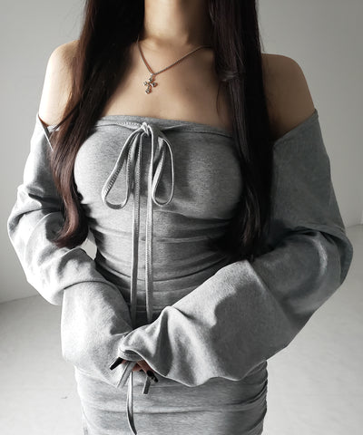 【 2点セット 】シャーリングタイトミニワンピ &フロントリボンショートカーディガン ワンホンセットアップ / shirring tight mini onepiece & front ribbon short cardigan wanghong setup