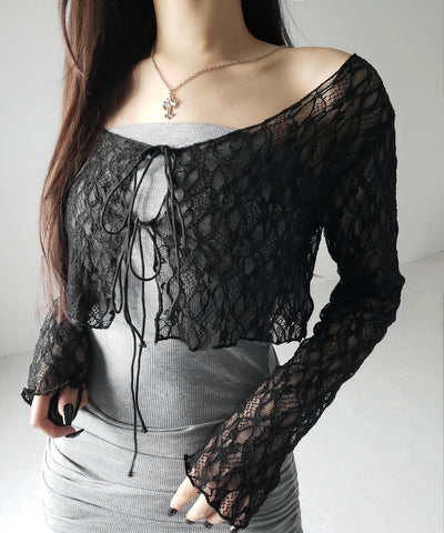 ダブルストラップリボンショートレースカーディガン /double strap ribbon short lace cardigan