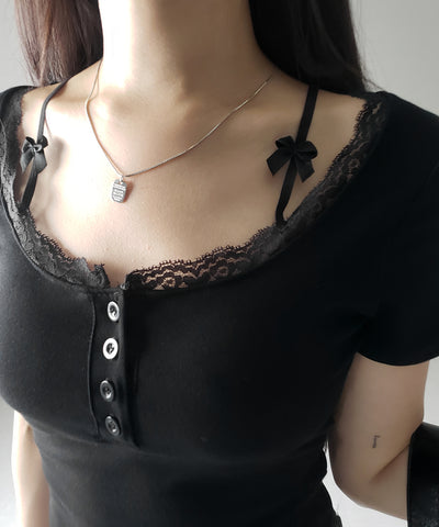 ストラップダブルリボンスクエアネックTシャツ / strap double ribbon square neck T-shirt