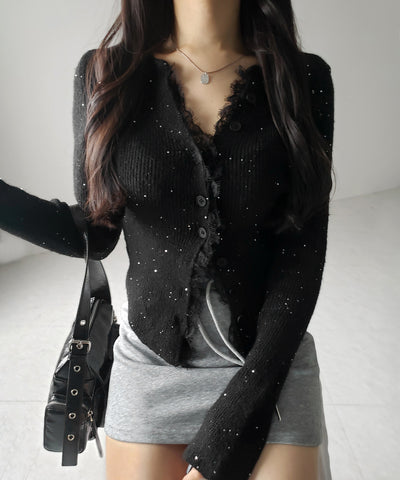 レースドッキングスパングルキーネックニットカーディガン / lace docking spangle key neck knit cardigan