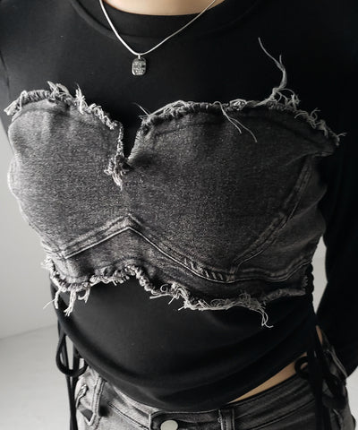 サイドリボンダメージデニムドッキングTシャツ / side ribbon damage denim docking Tee