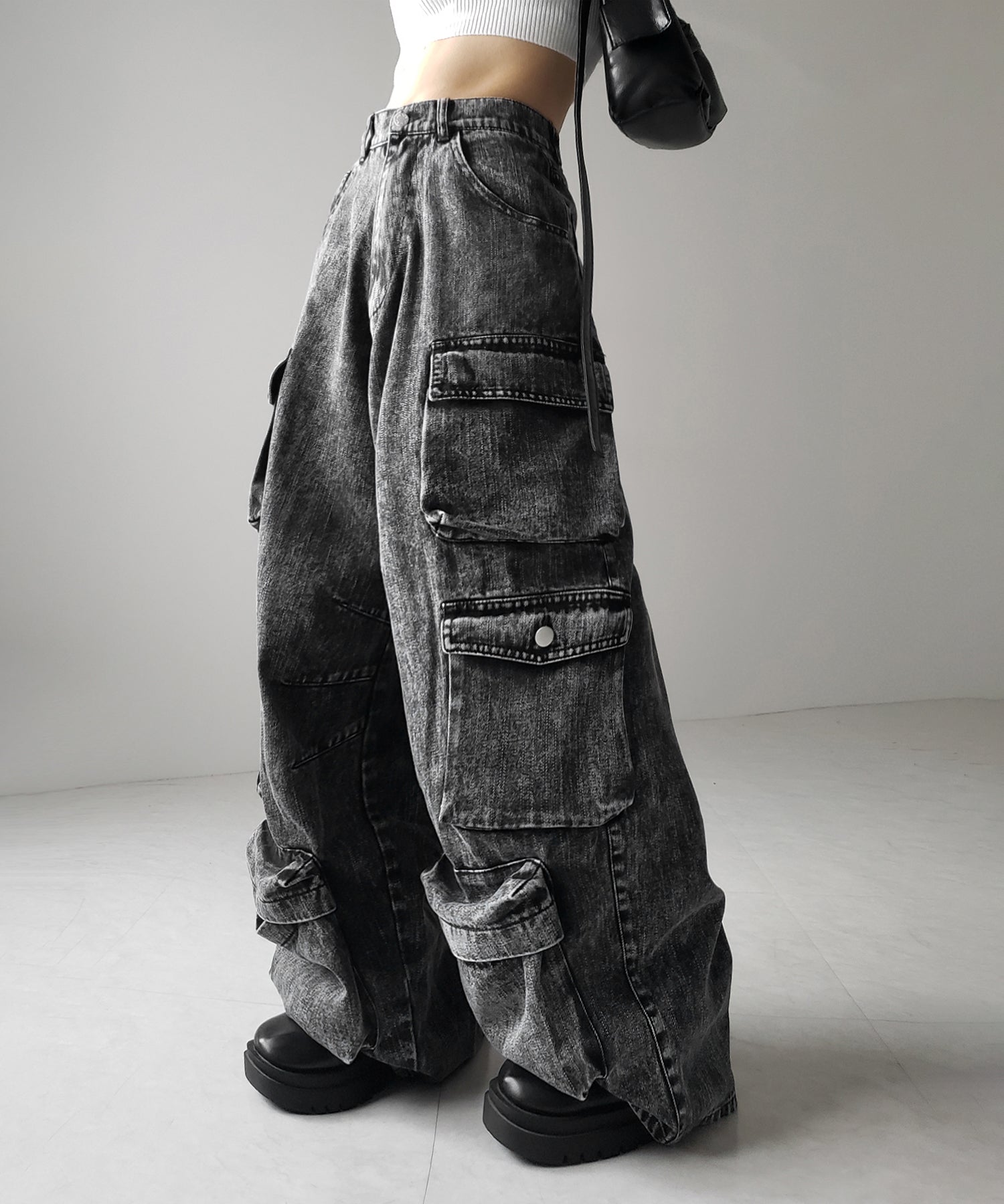 【 デニムセットアップ着用可能 】ヴィンテージケミカルブリーチヘビーワイドカーゴデニム / vintage chemical bleach heavy wide cargo denim