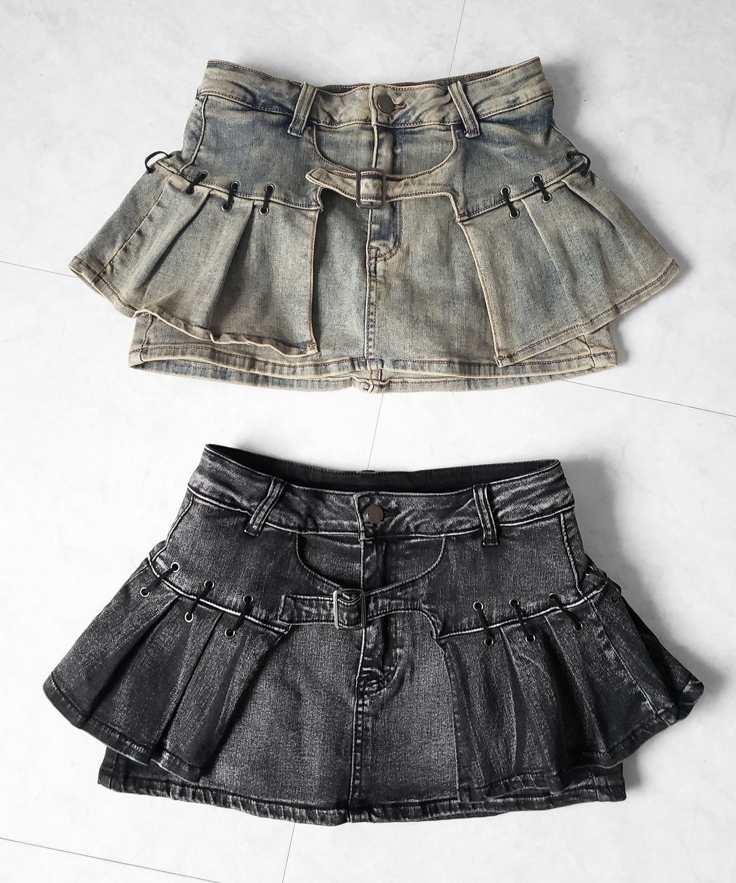 【 インパン裏地付 】ベルテッドマイクロプリーツデニムミニスカパン / belted micro pleats denim skirt pants