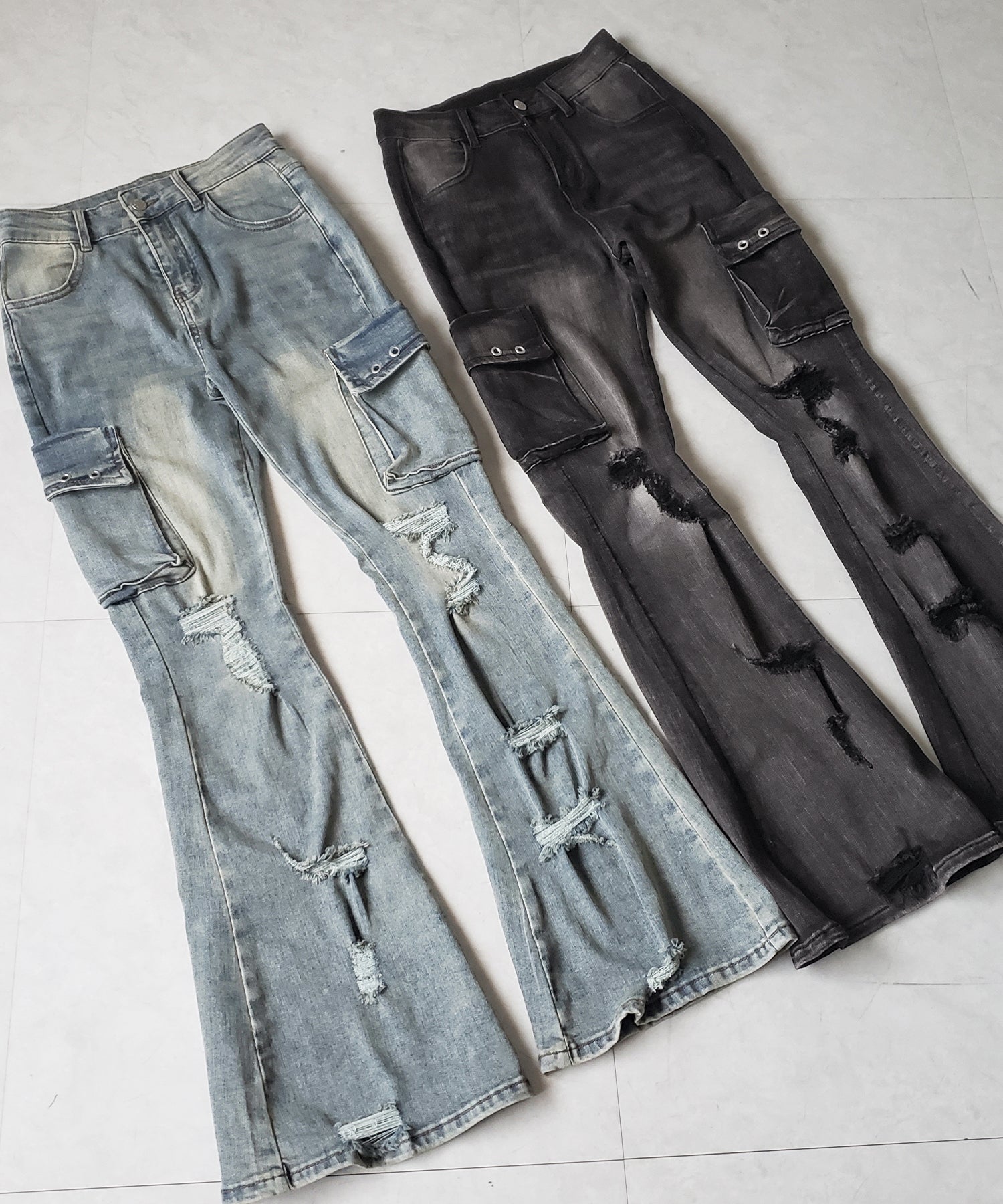 【 2color / 4size 】カーゴデザインヴィンテージライクダメージストレッチフレアデニム / cargo design vintage-like damage stretch flare denim