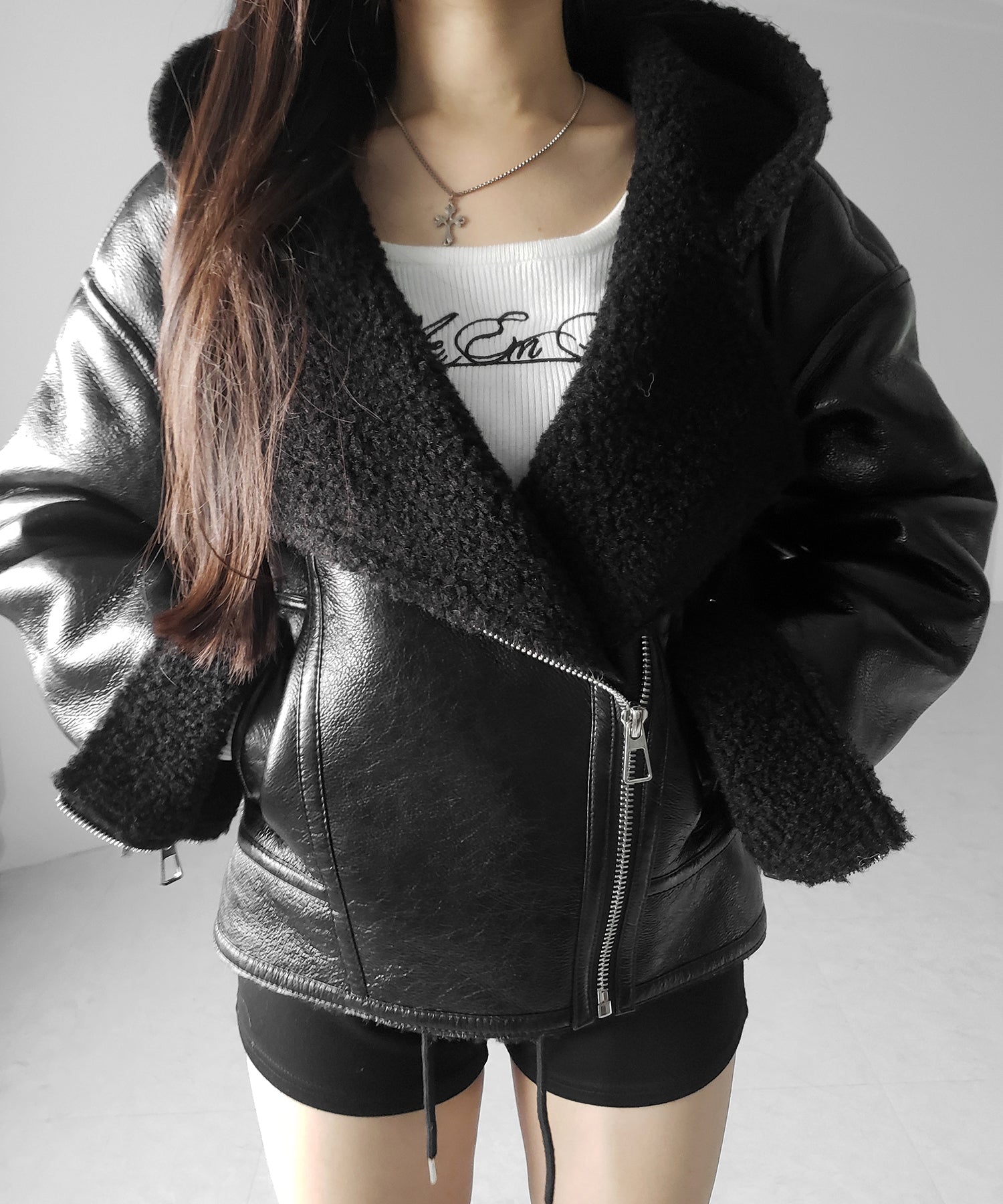 ヴィンテージレザーフーディボアムートンジャケット / vintage leather hoodie boa mouton jacket