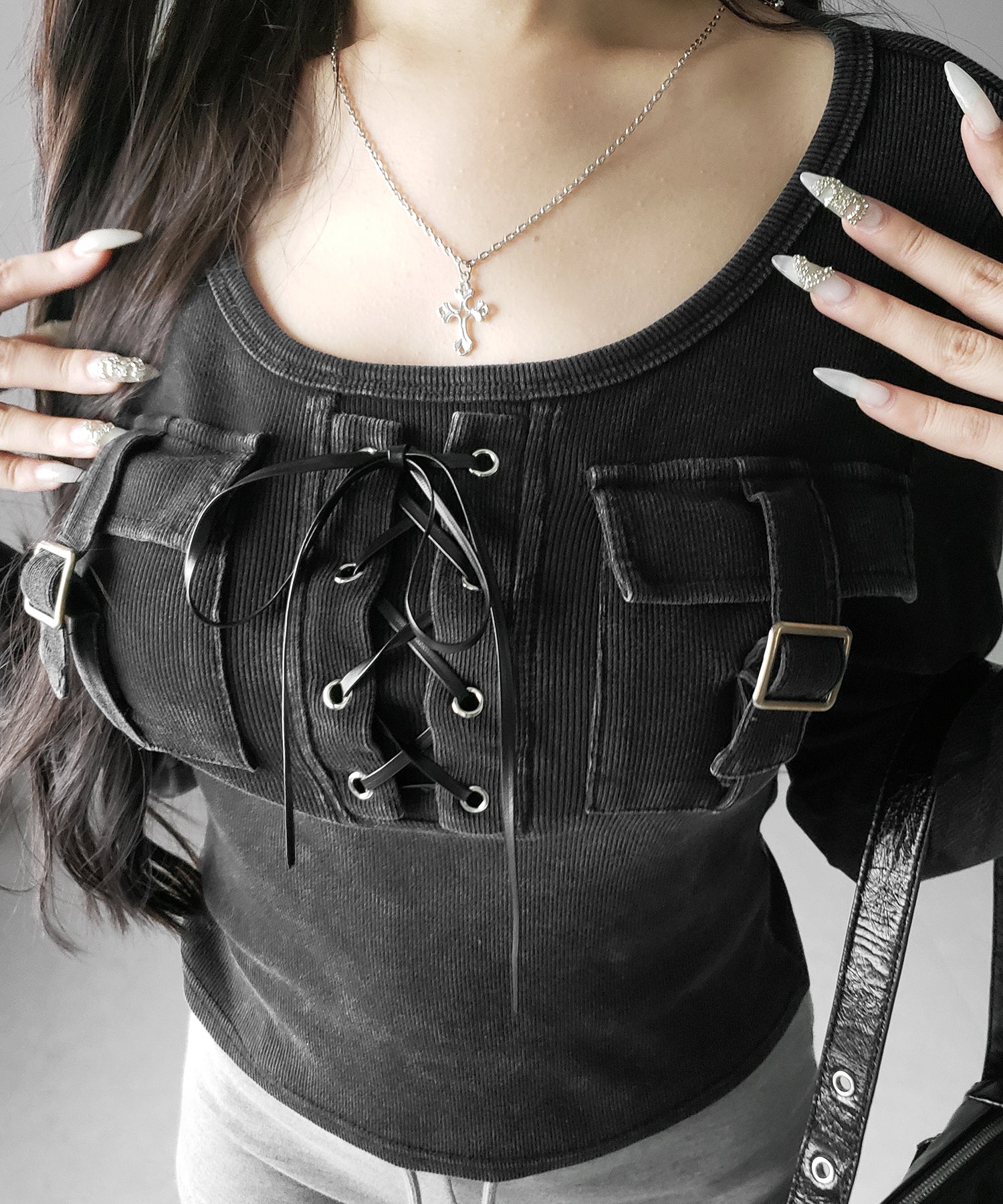 ヴィンテージレースアップアウトポケットスクエアリブロンT / vintage laceup outpocket square lib long slleve T-shirts