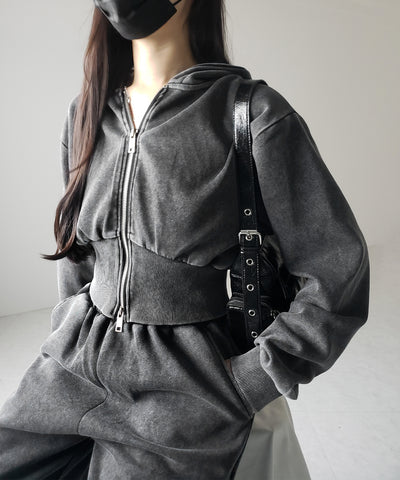【 セットアップ 】ピグメントヴィンテージショートパーカー + ワイドパンツ SET / pigment vintage short hoodie + wide pants SET