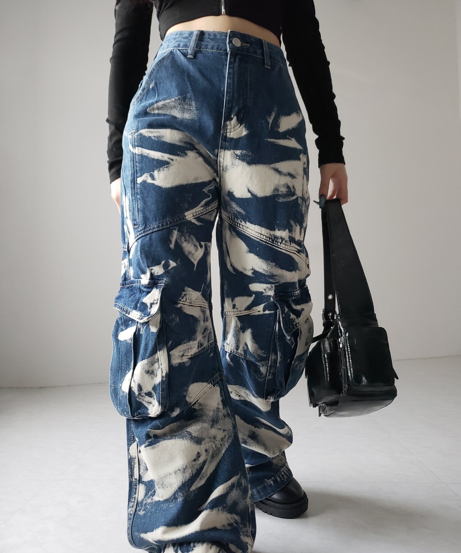 【 2color / 4size 】クラッシュブリーチストレートカーゴデニム /crash bleach straight cargo denim
