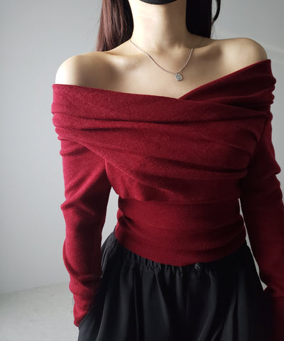 タックデザインドレープオフショルダーリブニット