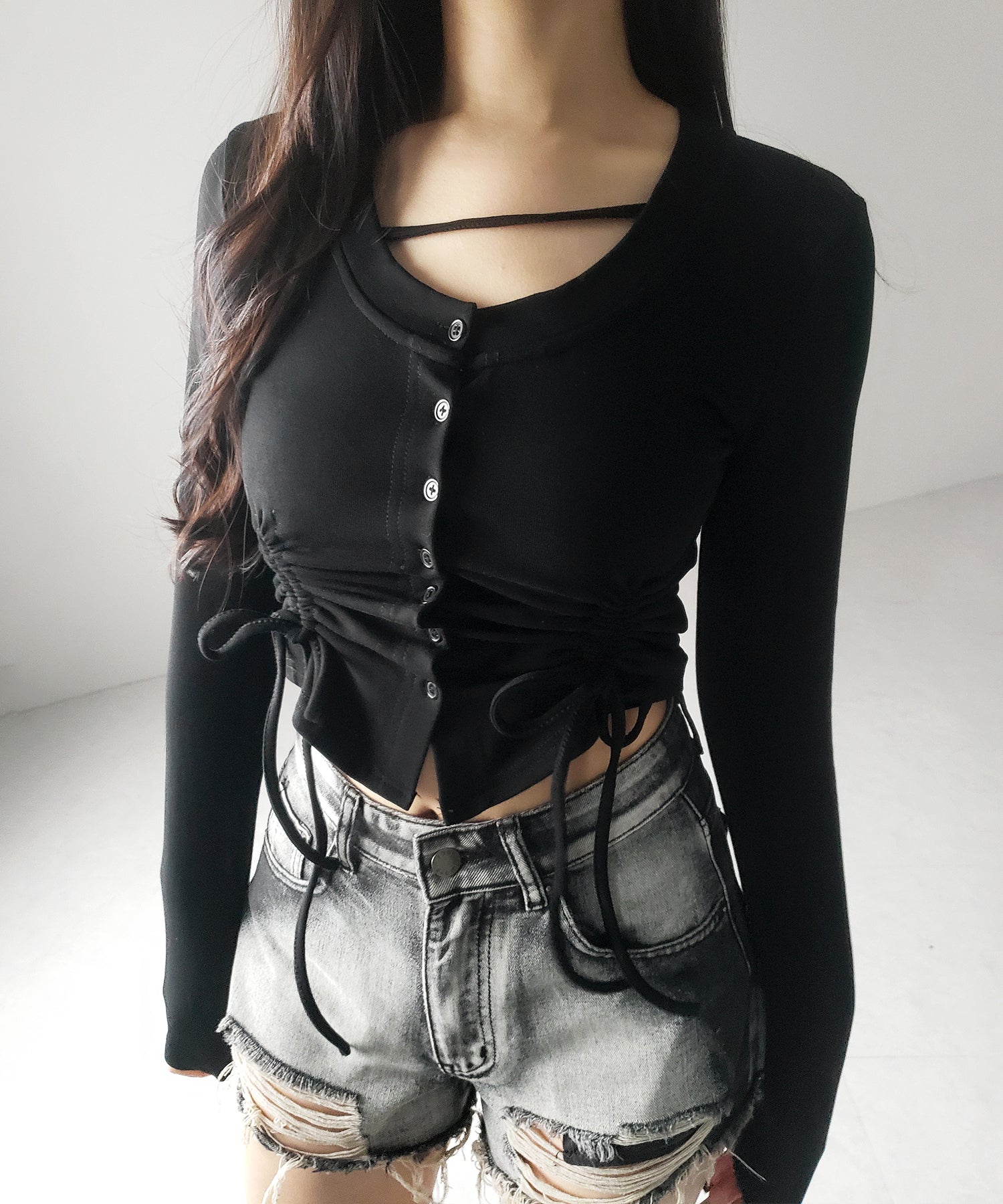 【 2color / 裏起毛 】ナナメストラップダブルシャーリングリボントップス / naname strap double shirring ribbon tops