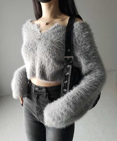 フロントジップショートシャギーニットカーディガン / front zip short shaggy knit cardigan