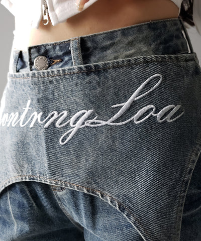 【 2WAY 】レタリングロゴ刺繍ガーターヴィンテージワイドデニム / lettering logo embroidery garter vintage wide denim