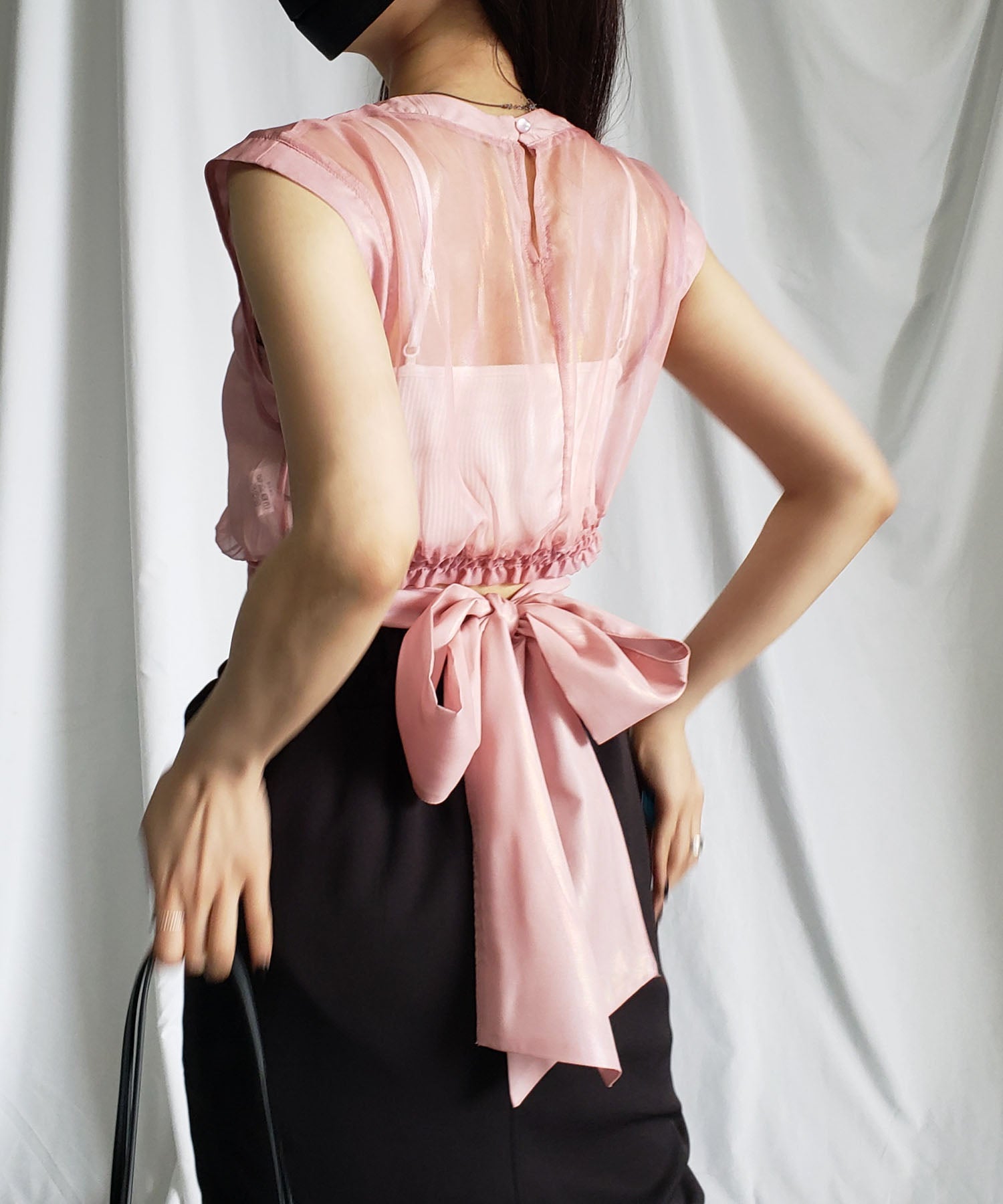 【 3color 】オーロラグロスオーガンジーバックリボンショートブラウス / Aurora gloss organdy back ribbon short Blouse