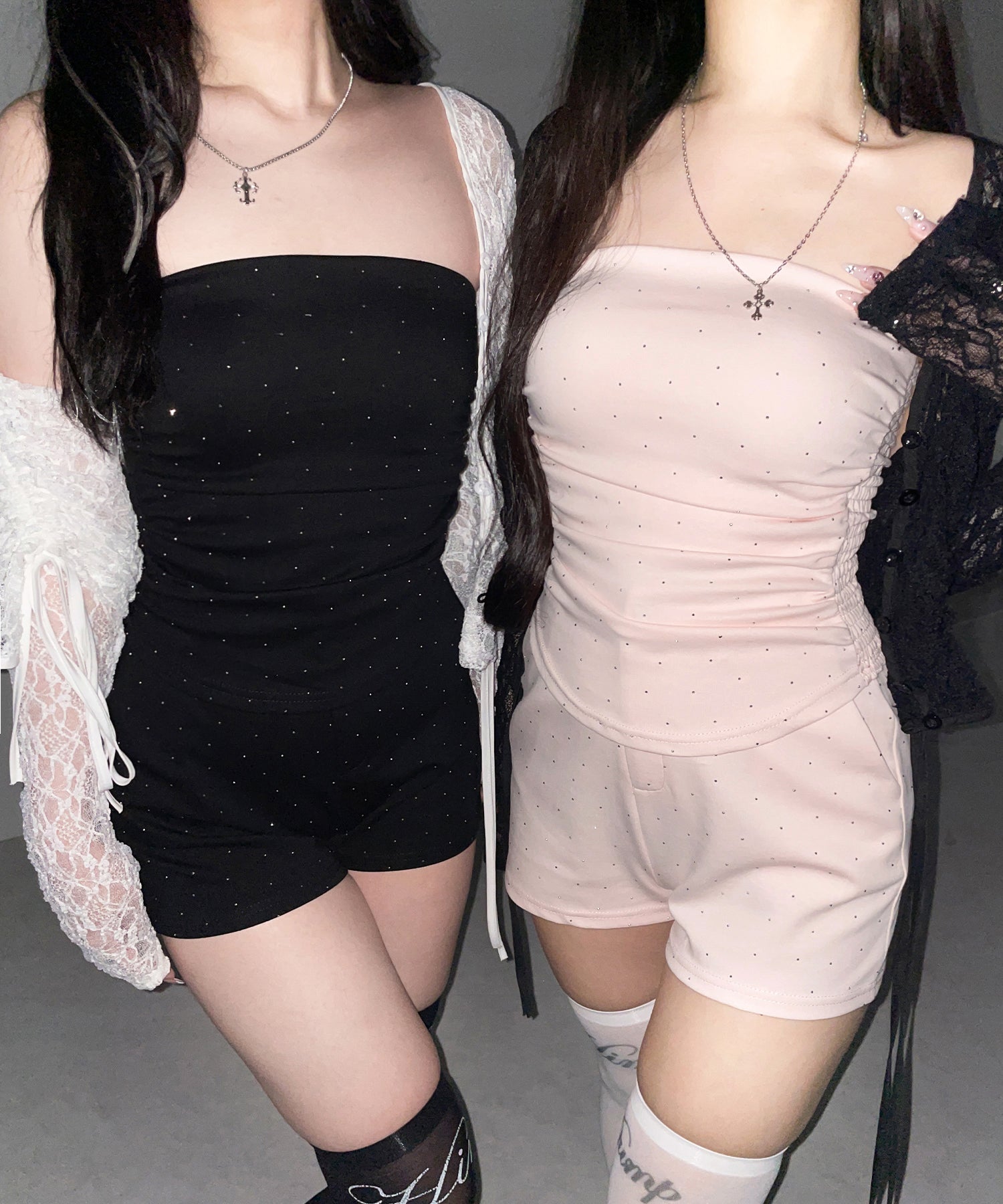 【 セットアップ 】ラインストーンベアトップ+ハイウエストショートパンツ SET / 【 SETUP 】Rhinestone bare tops + high waist short pants SET