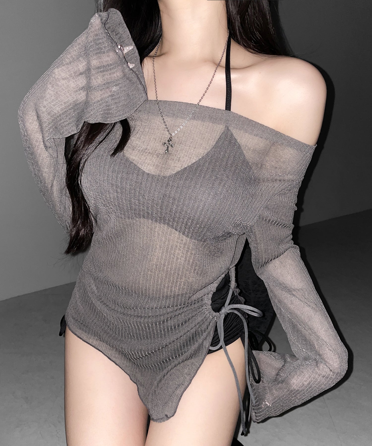 【 レディース水着/3点セット 】シアートップス付き シャーリングリボンホルターネックハイウエストビキニ / ( 3piece ) sheer tops SET shirring ribbon halter neck high waist bikini