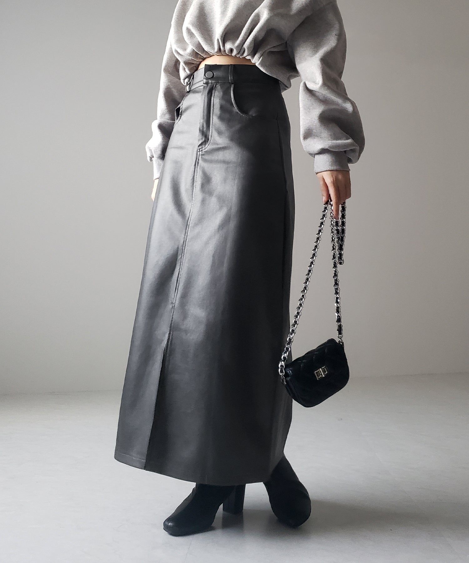【 3color / 3size 】フロントスリットヴィンテージフェイクレザースカート