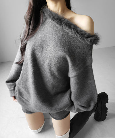 【 ニットセットアップ 】フェイクファーワンショルオーバーニット + ニットショートパンツ SET / fake fur one-shoulder over knit + knit short pants SET