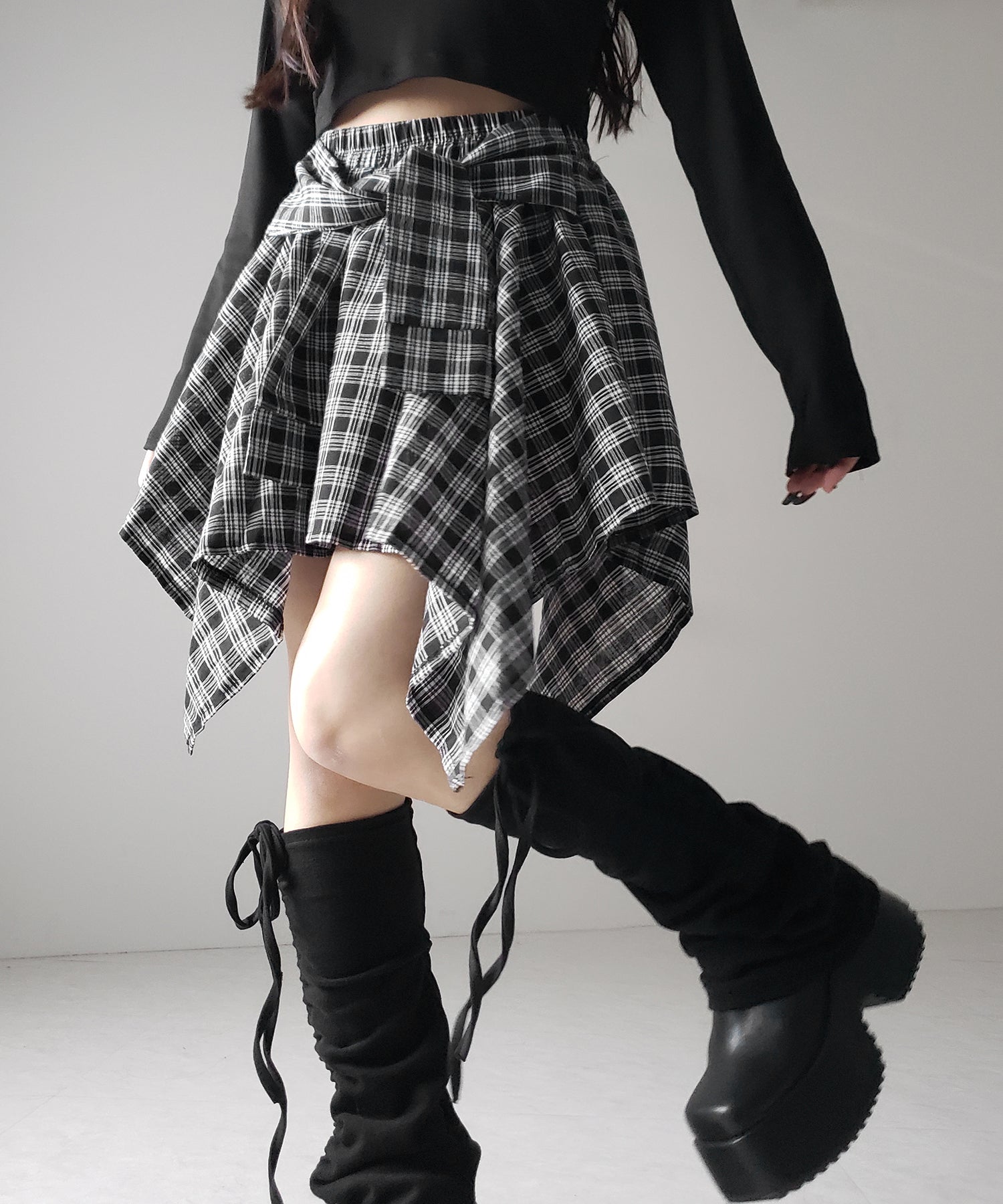 【 選べる2素材/インナーパンツ裏地付 】シャツレイヤードチェックミニスカート / shirt layered check mini skirt