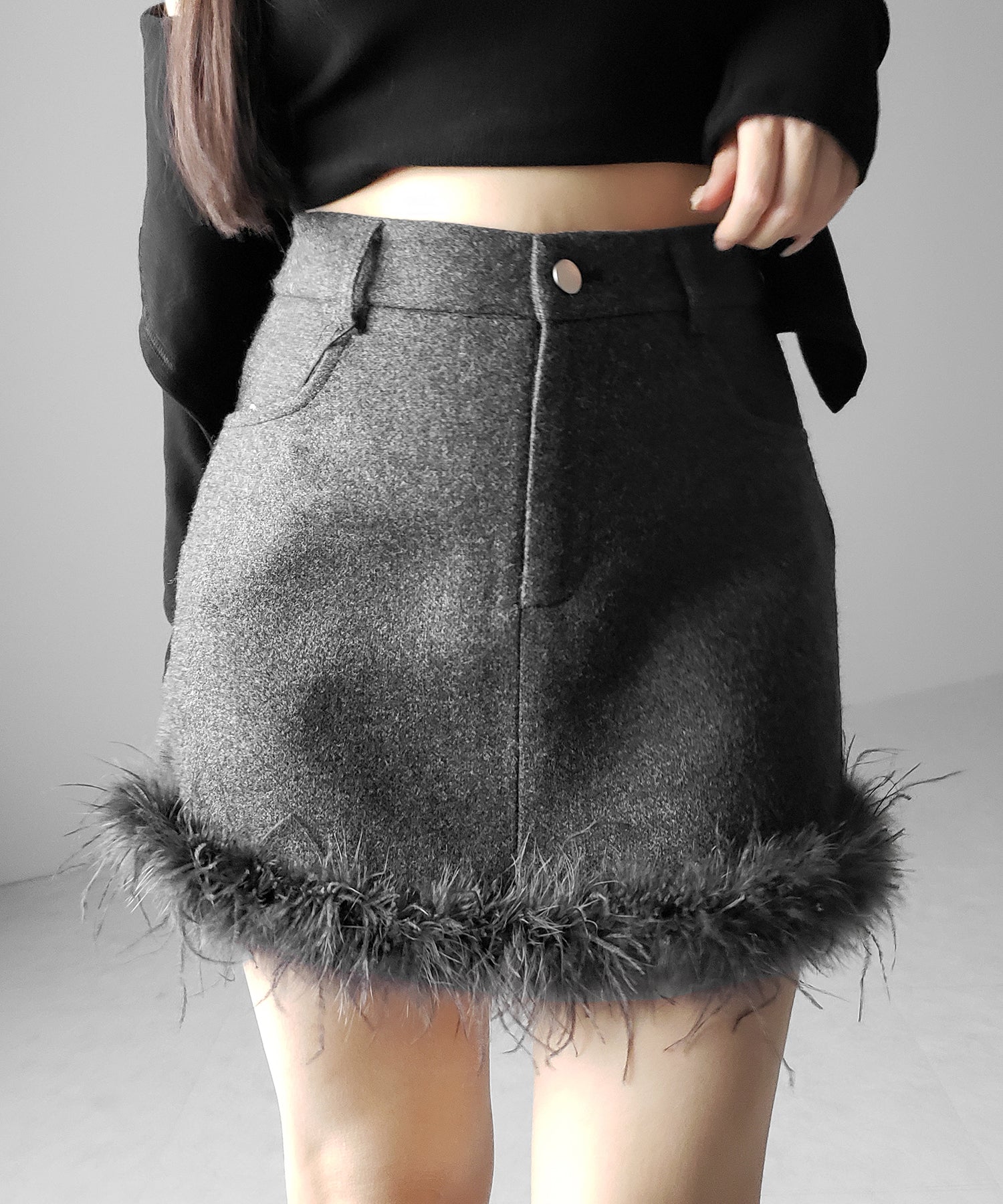 【 インナーパンツ裏地付 】ファードッキングウールライクレディミニスカート / fur docking woollike lady mini skirt