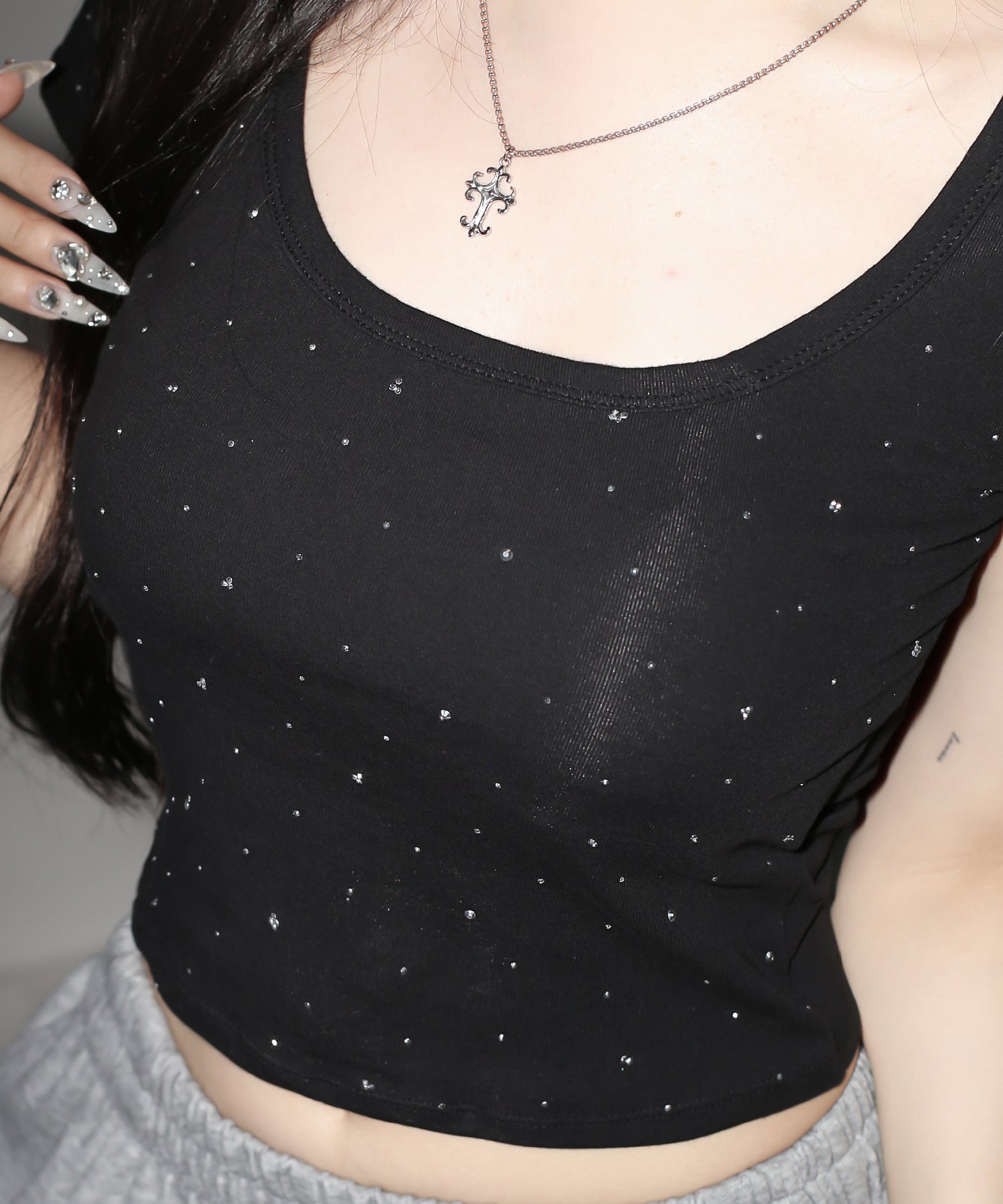 ラインストーンスクエアネックタイトTシャツ /Rhinestone square neck tight T-shirt