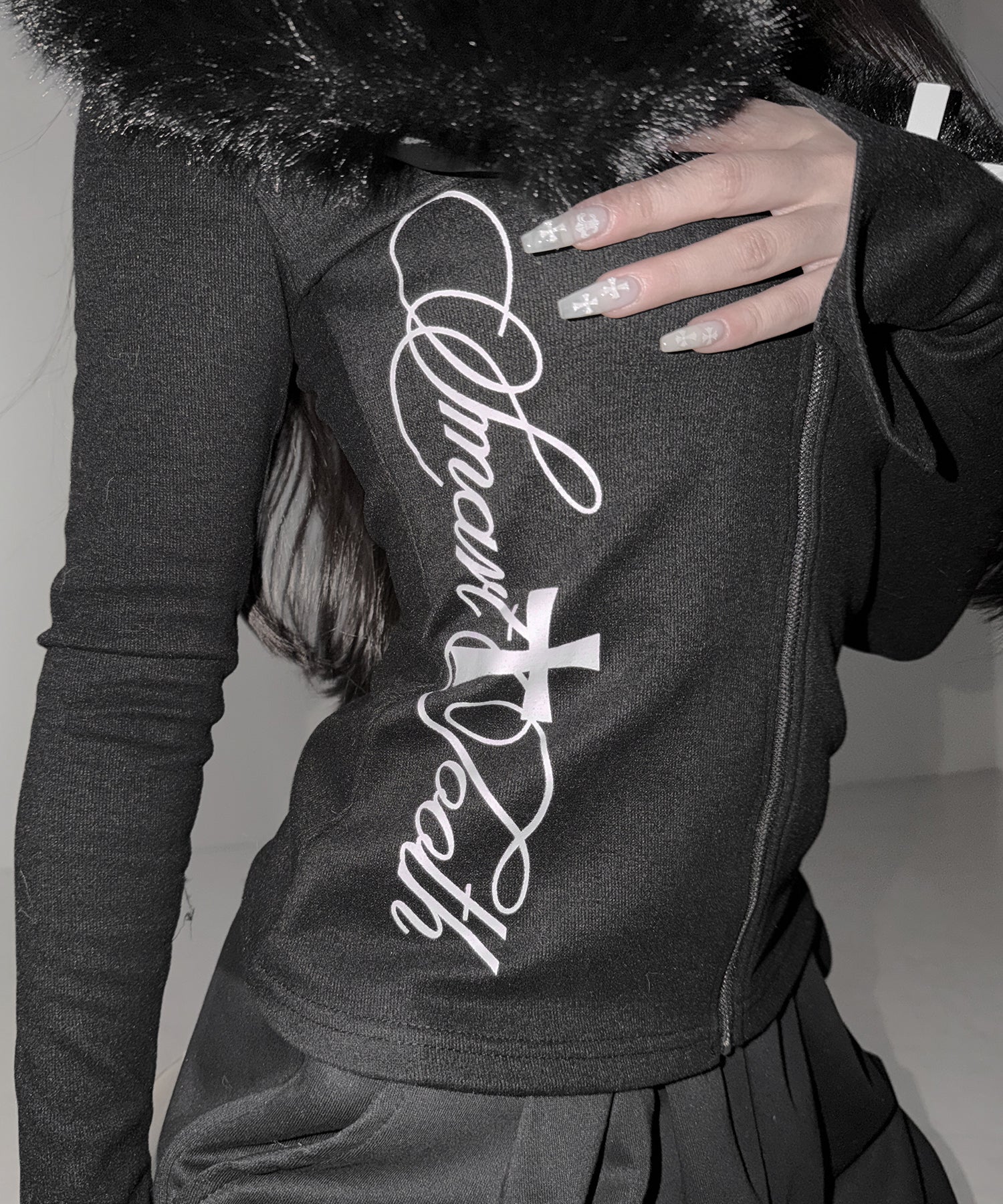 ファー襟クロスロゴジップアップリブカーディガン / fur collar cross logo zipup rib cardigan