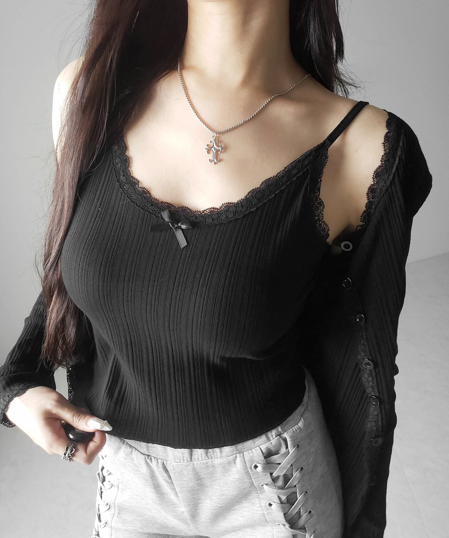 【 2点セット 】フロントリボンレース切替リブキャミソール + カーディガンセット /front ribbon lace lib camisole + cardigan SET