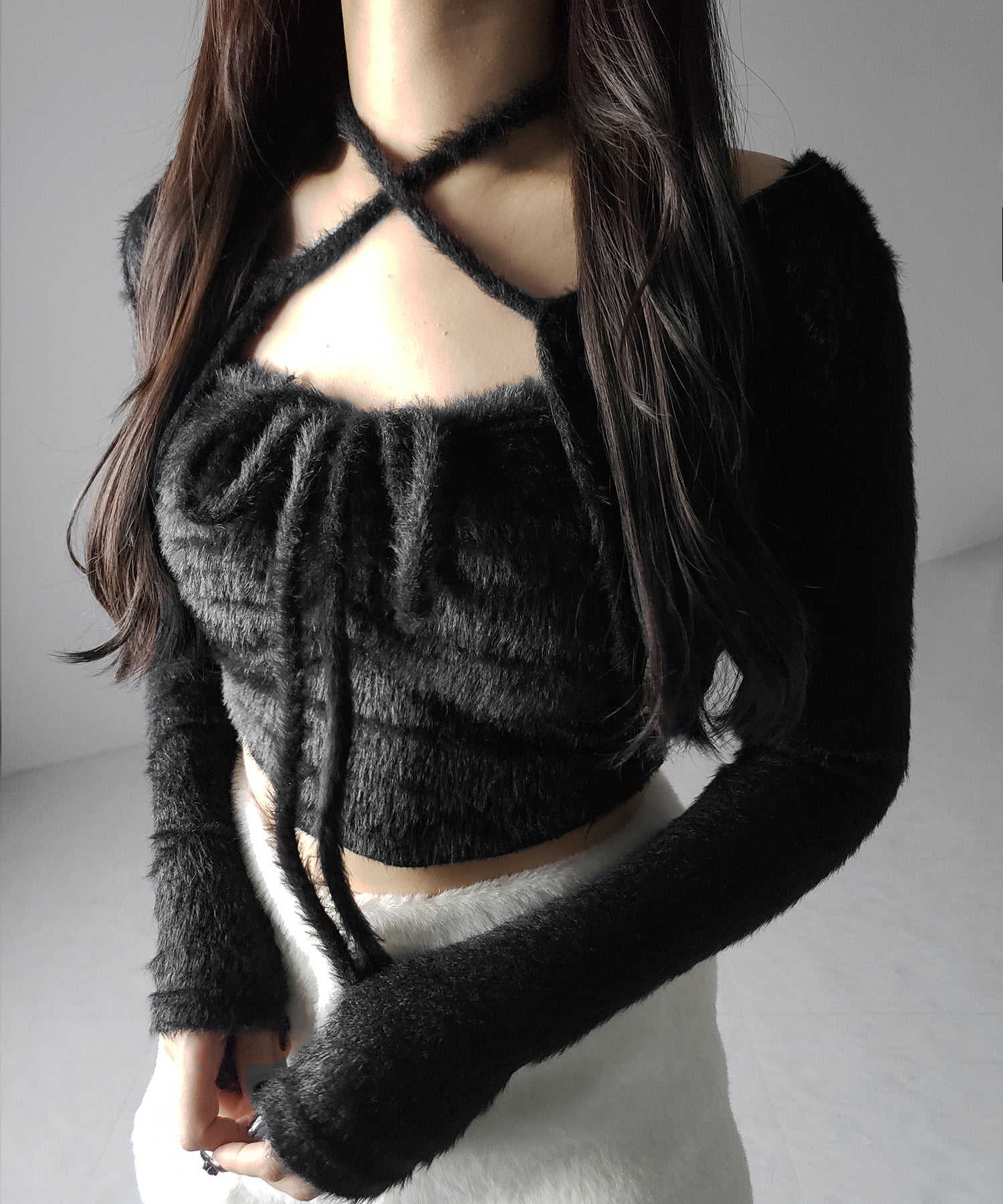 【 2点セット 】シャギーリボンベアトップス & ショートシャギーカーディガン SET / Shaggy ribbon bare tops & short shaggy cardigan