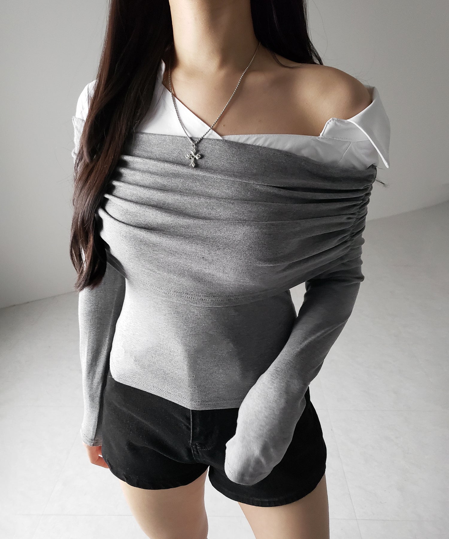 【 2color 】シャツドッキングワイドオフショルトップス / shirt docking wide off shoulder tops