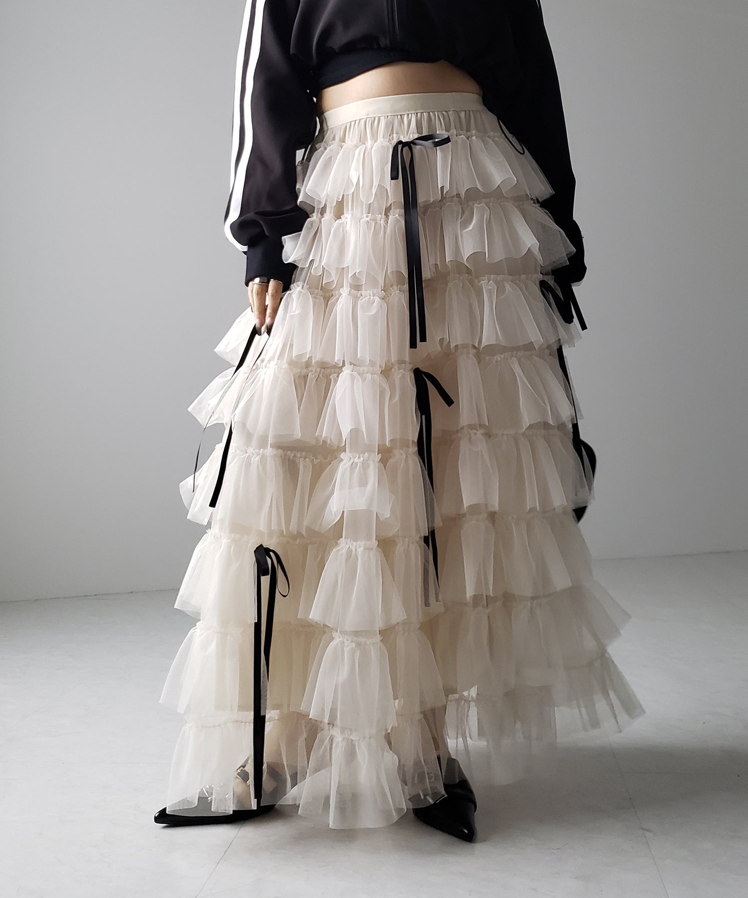 【 新色ピンク追加!/5color 】ストラップリボンバレエコアチュールスカート /strap ribbon ballet core tulle skirt