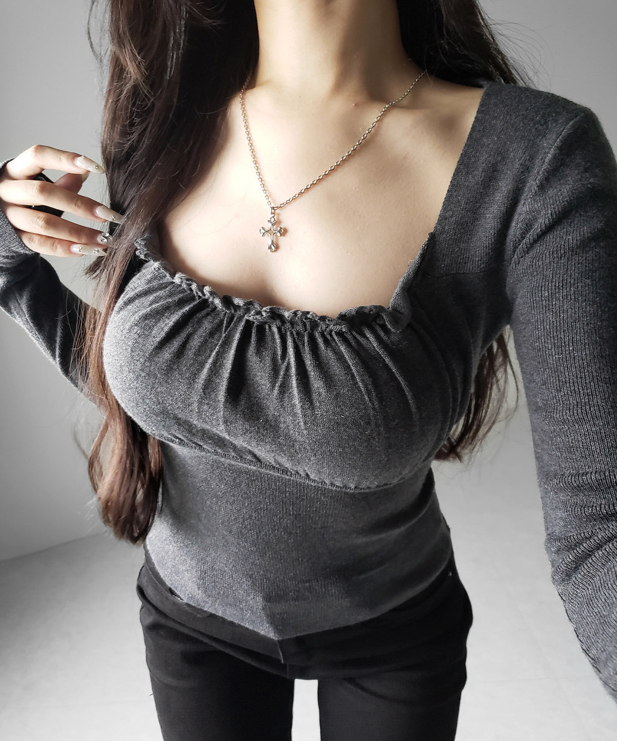 フリルギャザースクエアネック長袖ニットトップス / frill gather square neck longsleeve knit tops