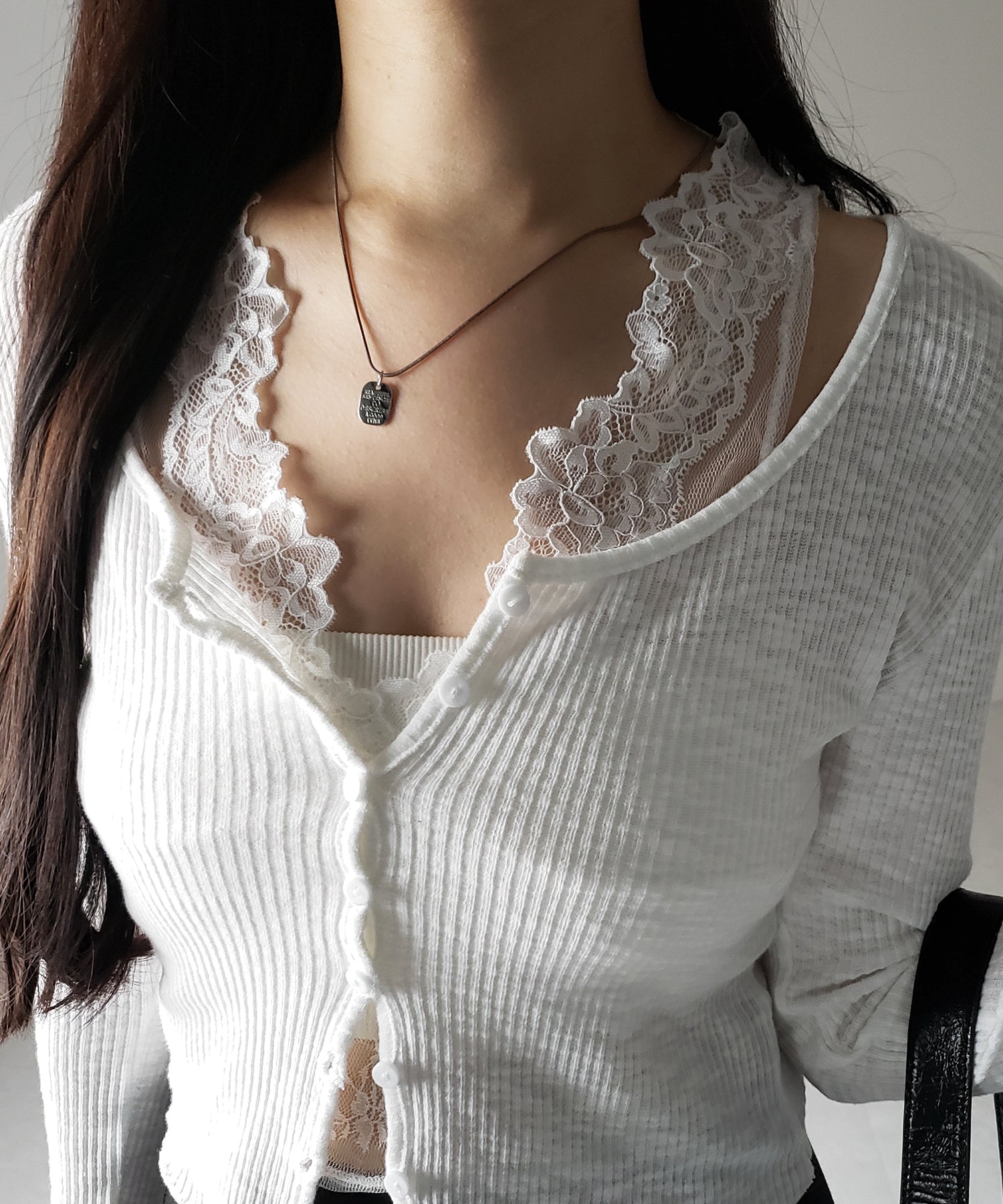 【 2点セット 】レイヤードレースシアーリブカットソーカーディガン / layered lace sheer rib cut and sew cardigan
