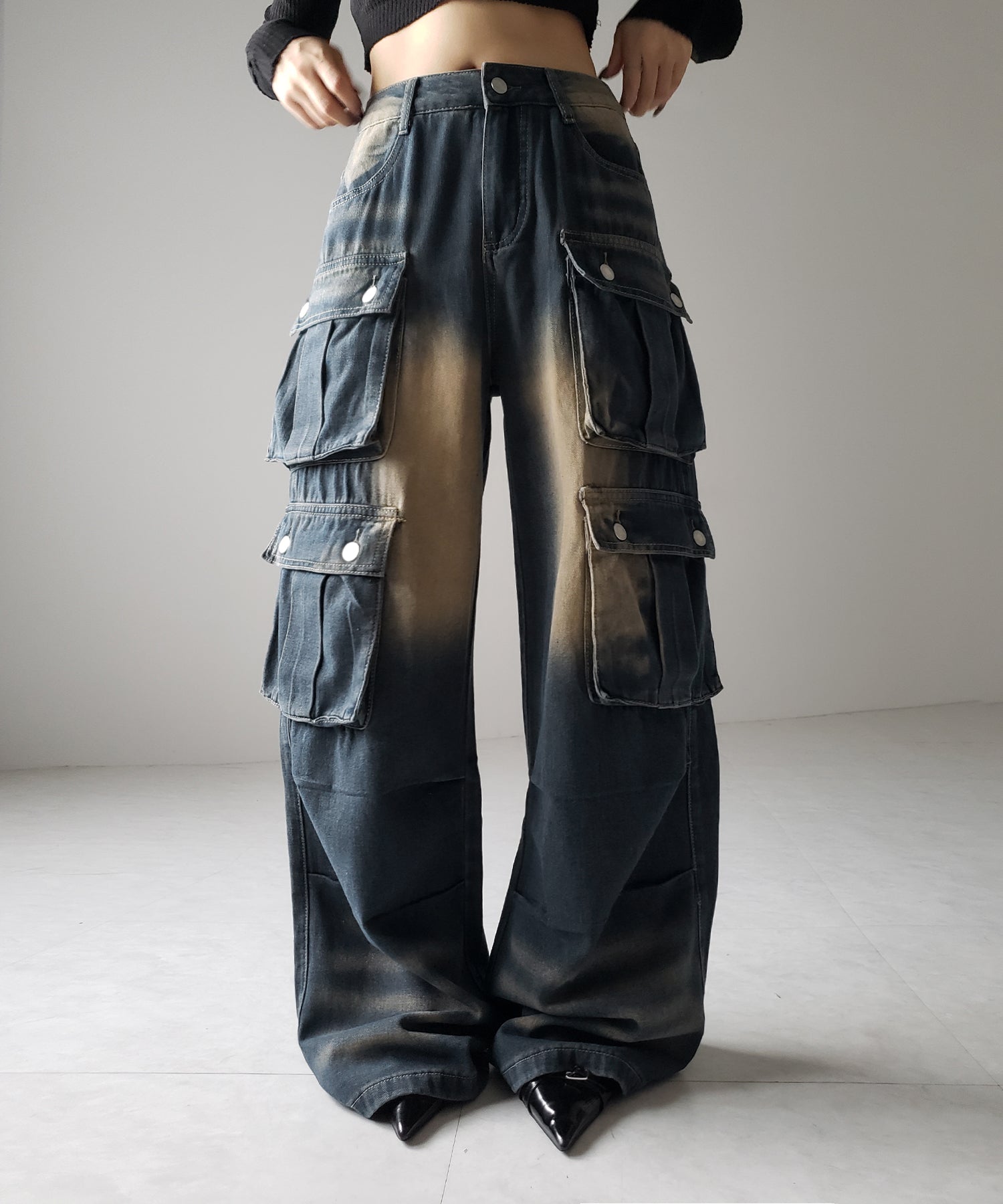 【 3color /4size 】オーバーダイグラデーションヴィンテージワイドカーゴデニム / overdyed gradation vintage wide cargo denim