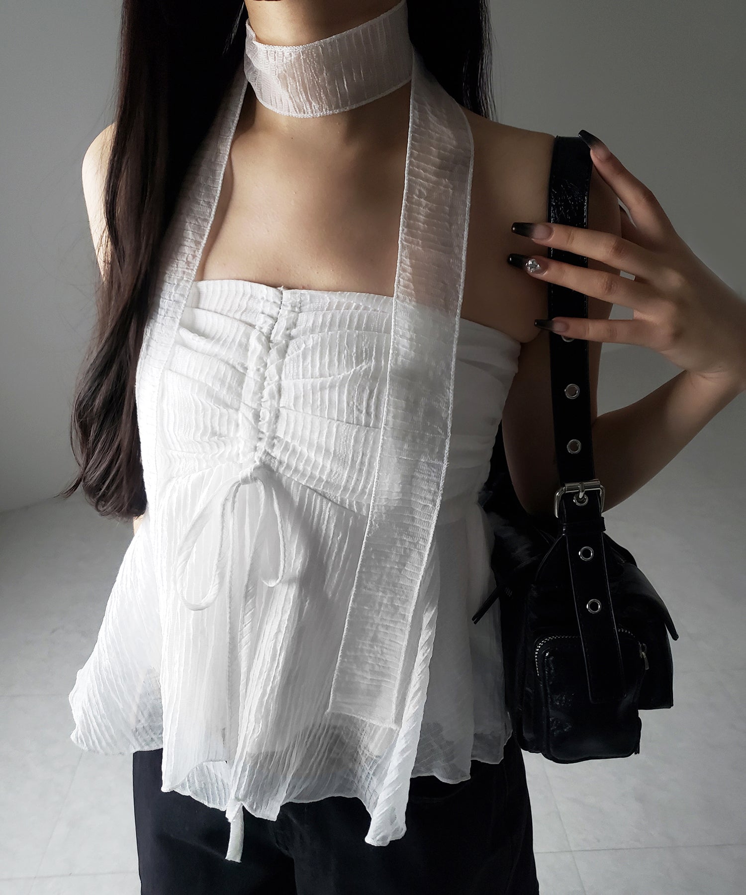 【 チョーカータイ付 】シャーリングリボンペプラムシフォンビスチェトップス / choker tie set shirring ribbon peplum chiffon bustier tops