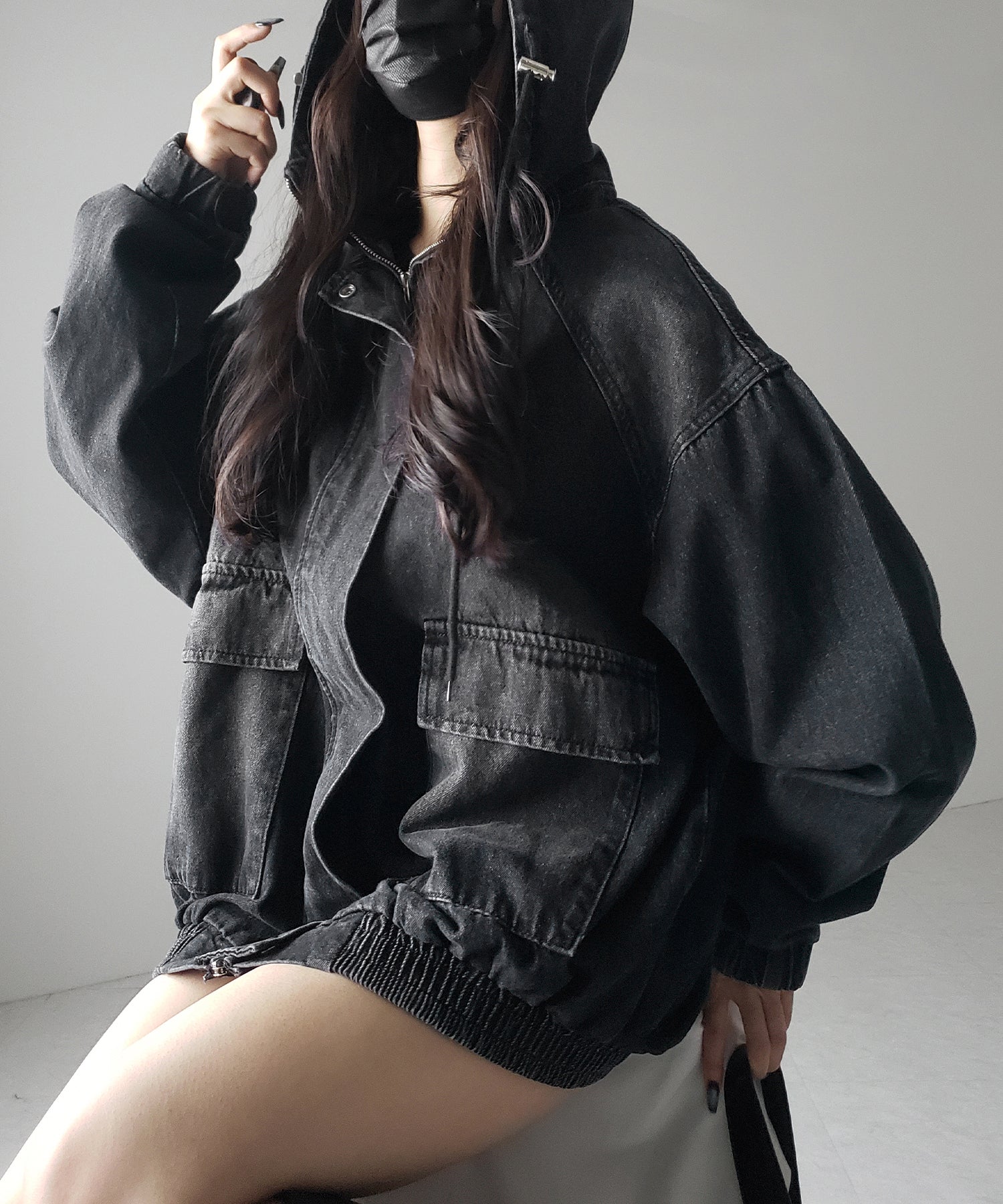 【 2color 】ヴィンテージデニムダブルジップフードブルゾン / vintage denim double zip hoodie blouson