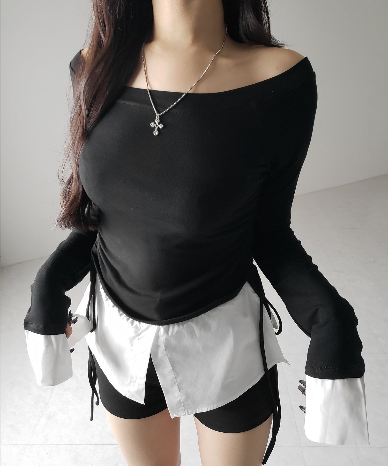 【 2WAY 】シャツドッキングサイドリボンワンショルトップス /shirt docking side ribbon oneshoulder tops