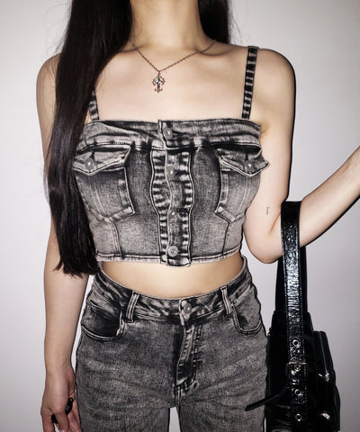 【 セットアップ 】ヴィンテージライクデニムビスチェ + ストレッチフレアデニム SET / 【 SET UP 】 vintage like denim bustier + stretch flare denim