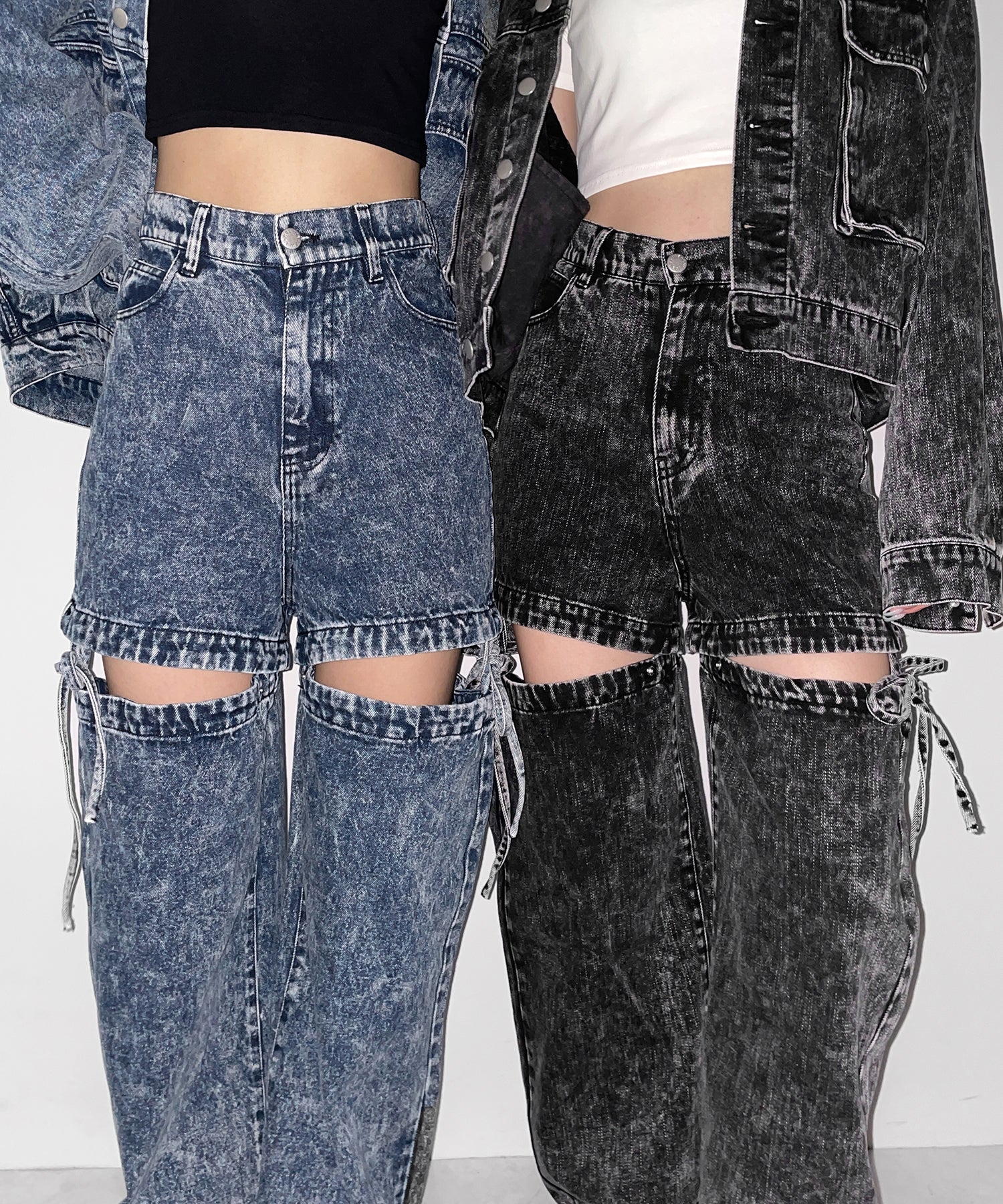 【 セットアップ着用可能 】2WAYヴィンテージケミカルブリーチカットアウトリボンデニム / 2WAY vintage chemical bleach cutout ribbon denim