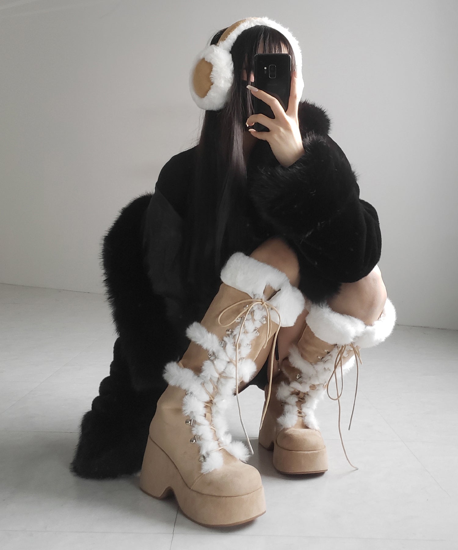 厚底レースアップムートンロングブーツ / platform laceup mouton long boots
