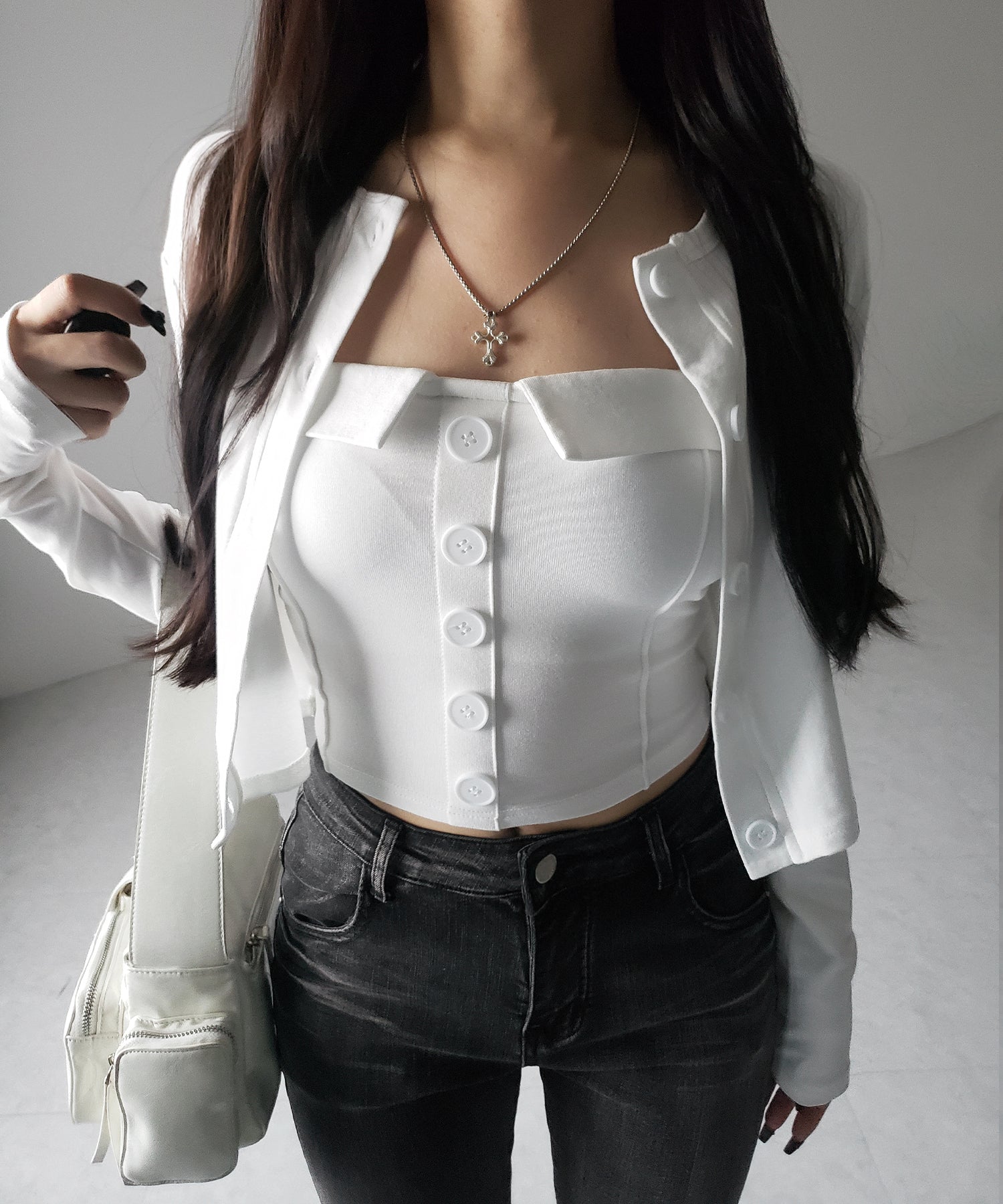 【 2点セット 】フロントボタンベアトップ + クロップドカットソーカーディガン SET / front button bare top + cropped cutsaw cardigan SET