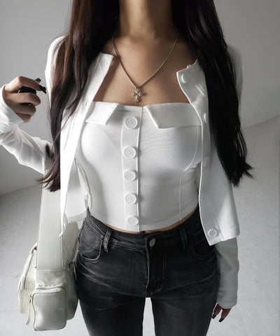 【 2点セット 】フロントボタンベアトップ + クロップドカットソーカーディガン SET / front button bare top + cropped cutsaw cardigan SET