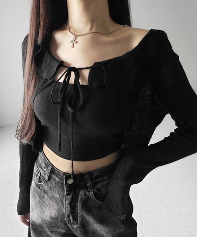 【 2color 】襟付きフロントリボンシアーニットショートカーディガン / collar front ribbon sheer knit short cardigan